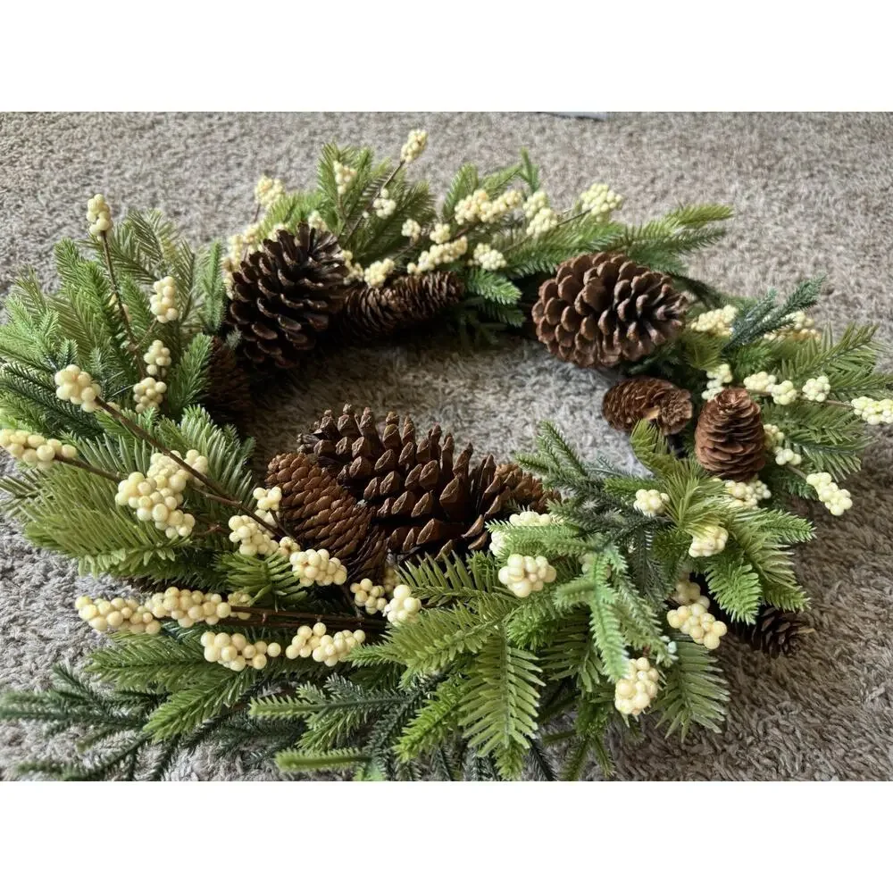 Wicker Park 15” Unlit Berry & Pinecone Wreath White Berries Holiday Decor